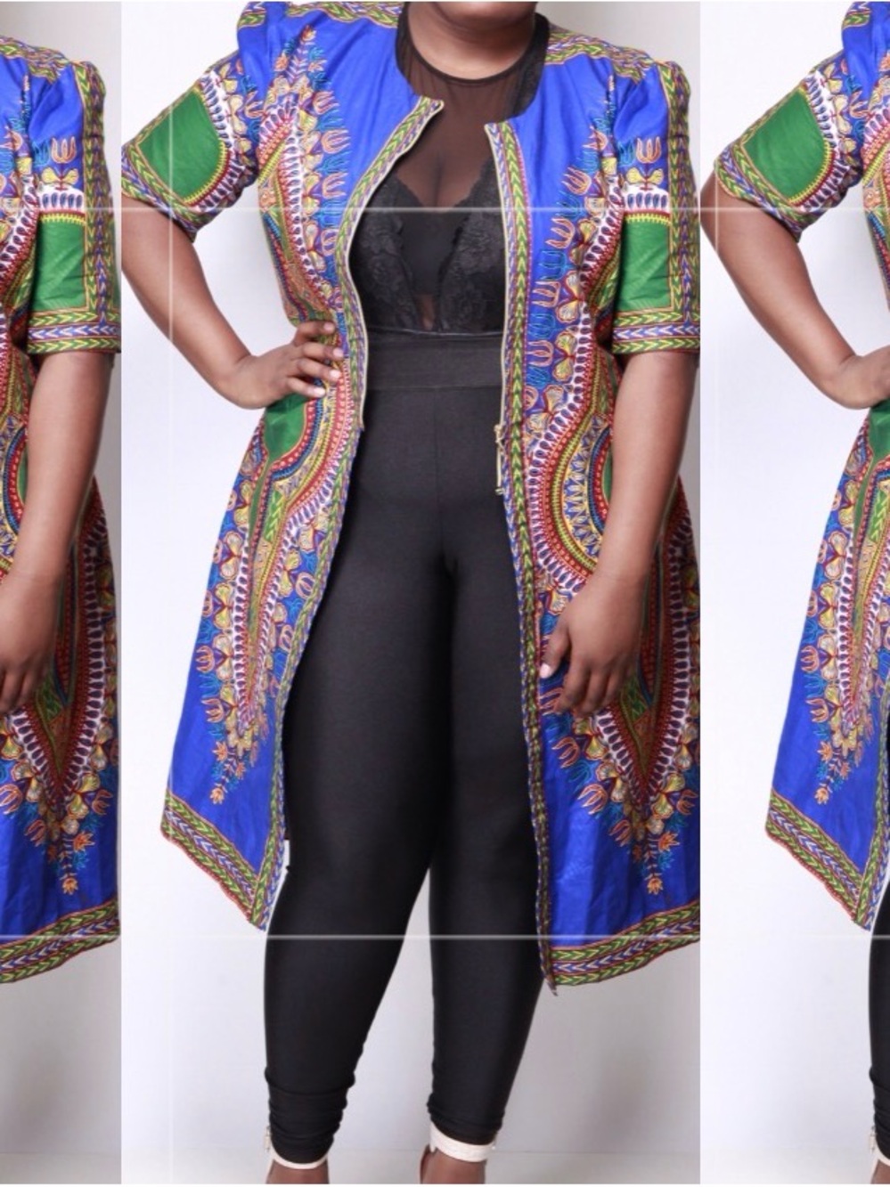 Vibrant Blue African Dashiki Duster Jacket with Green Accents